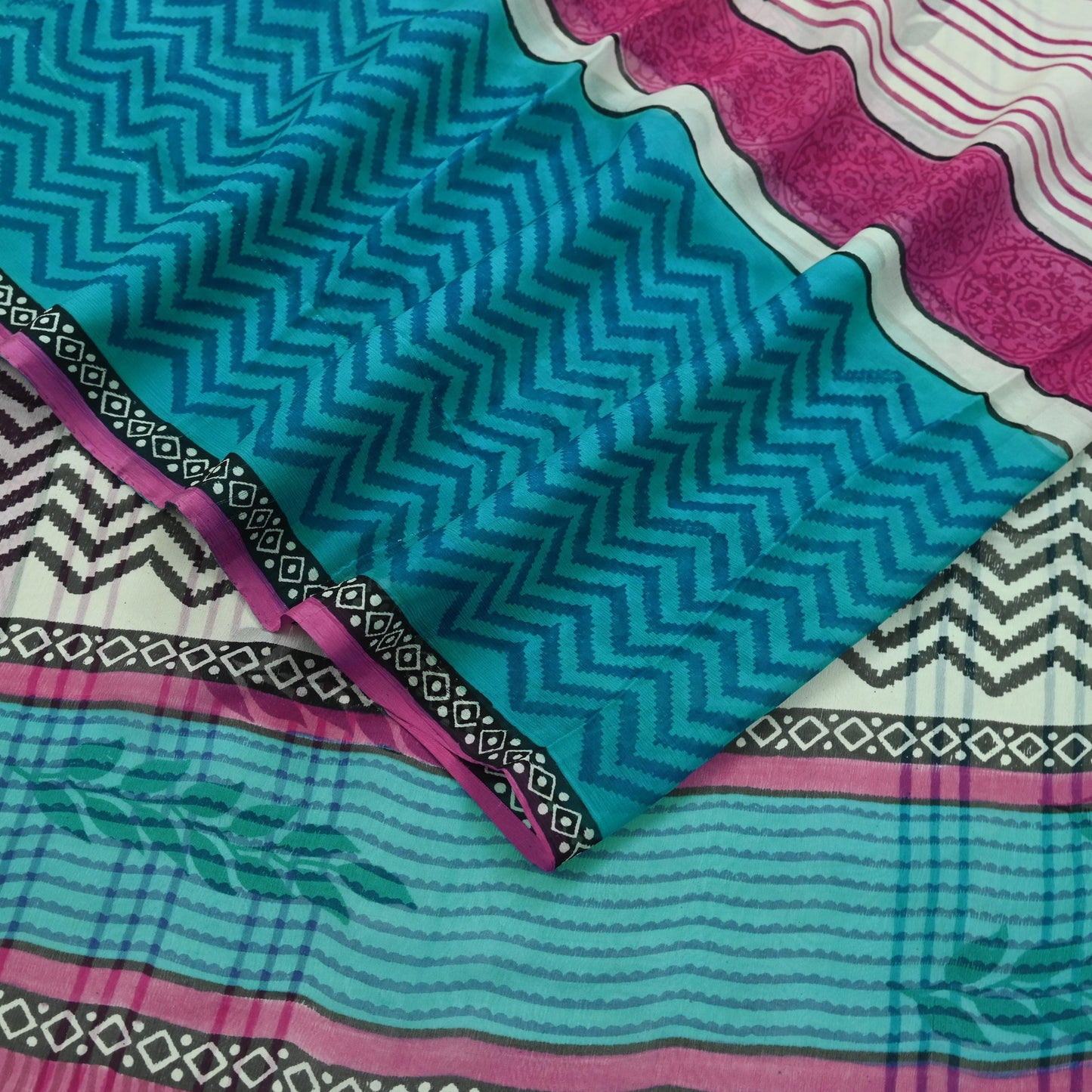 Women Vintage Blue & white Saree Pure Chiffon Silk Printed Sari Craft Fabric Sewing 6Yd Soft Light Dress Making Floral