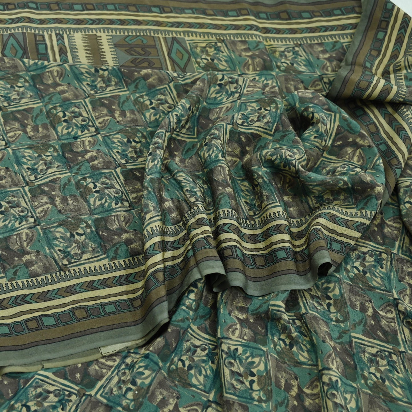 Indian Vintage Sari Brown & Beige Pure Crepe Silk Printed Sarees 5yd Sewing Craft Fabric Floral Soft Wrap Dress making Upcycle Quilting