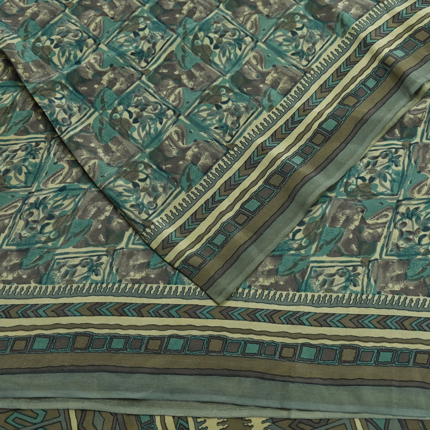 Indian Vintage Sari Brown & Beige Pure Crepe Silk Printed Sarees 5yd Sewing Craft Fabric Floral Soft Wrap Dress making Upcycle Quilting
