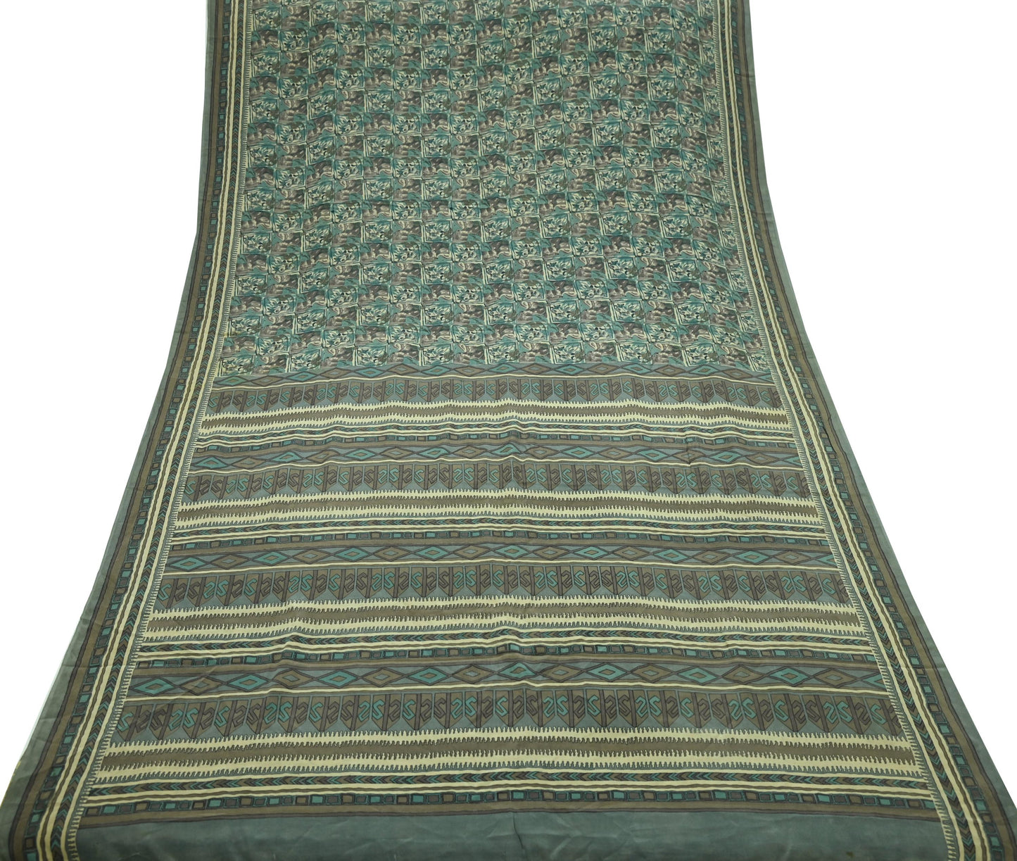 Indian Vintage Sari Brown & Beige Pure Crepe Silk Printed Sarees 5yd Sewing Craft Fabric Floral Soft Wrap Dress making Upcycle Quilting