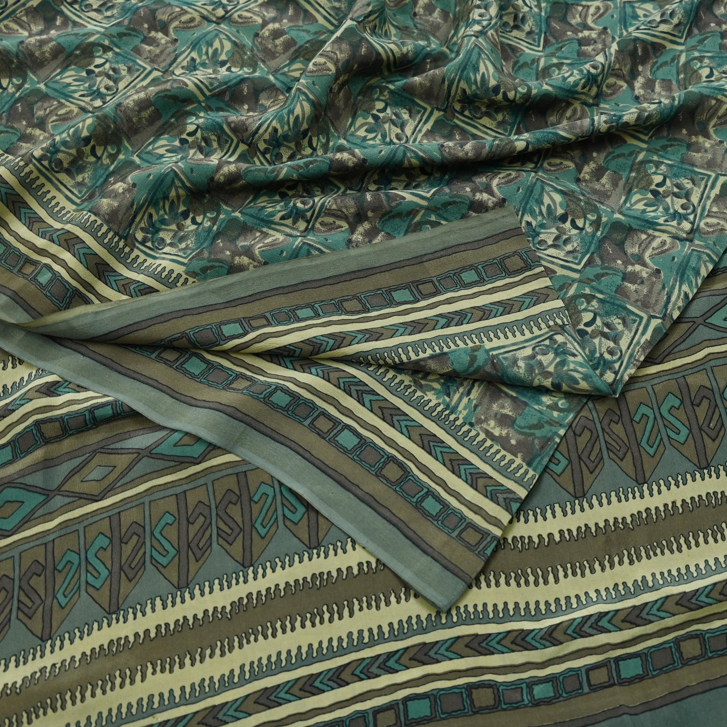 Indian Vintage Sari Brown & Beige Pure Crepe Silk Printed Sarees 5yd Sewing Craft Fabric Floral Soft Wrap Dress making Upcycle Quilting