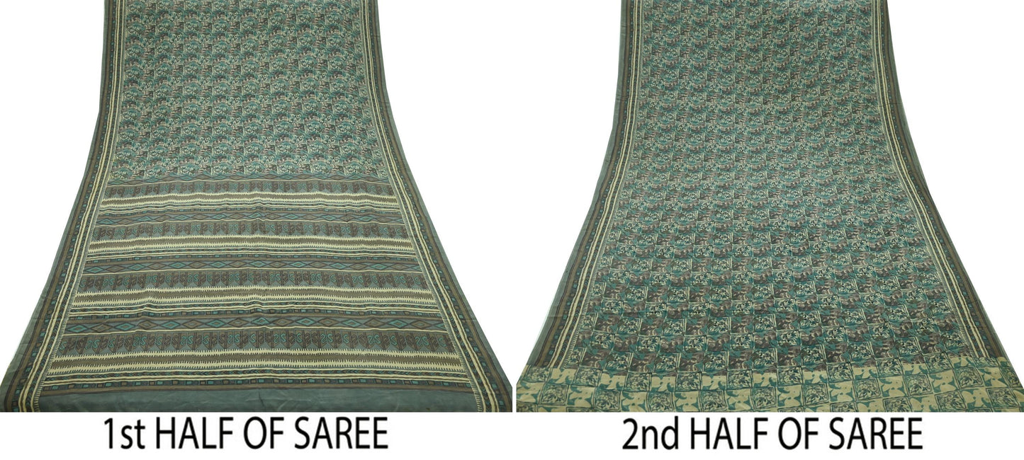 Indian Vintage Sari Brown & Beige Pure Crepe Silk Printed Sarees 5yd Sewing Craft Fabric Floral Soft Wrap Dress making Upcycle Quilting