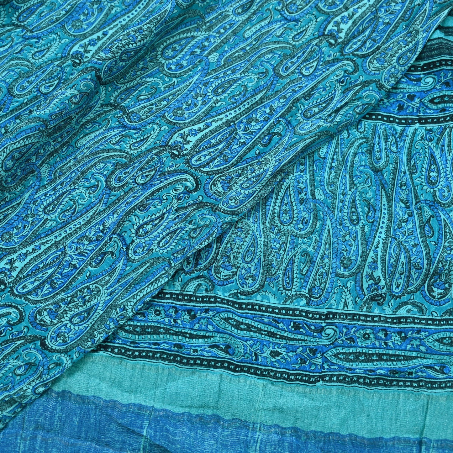 Indian Vintage Sari Blue & Green Pure Crepe Silk Printed Saree 6yd Sewing Floral Soft Craft Fabric Wrap Dress making Crafting Quilting