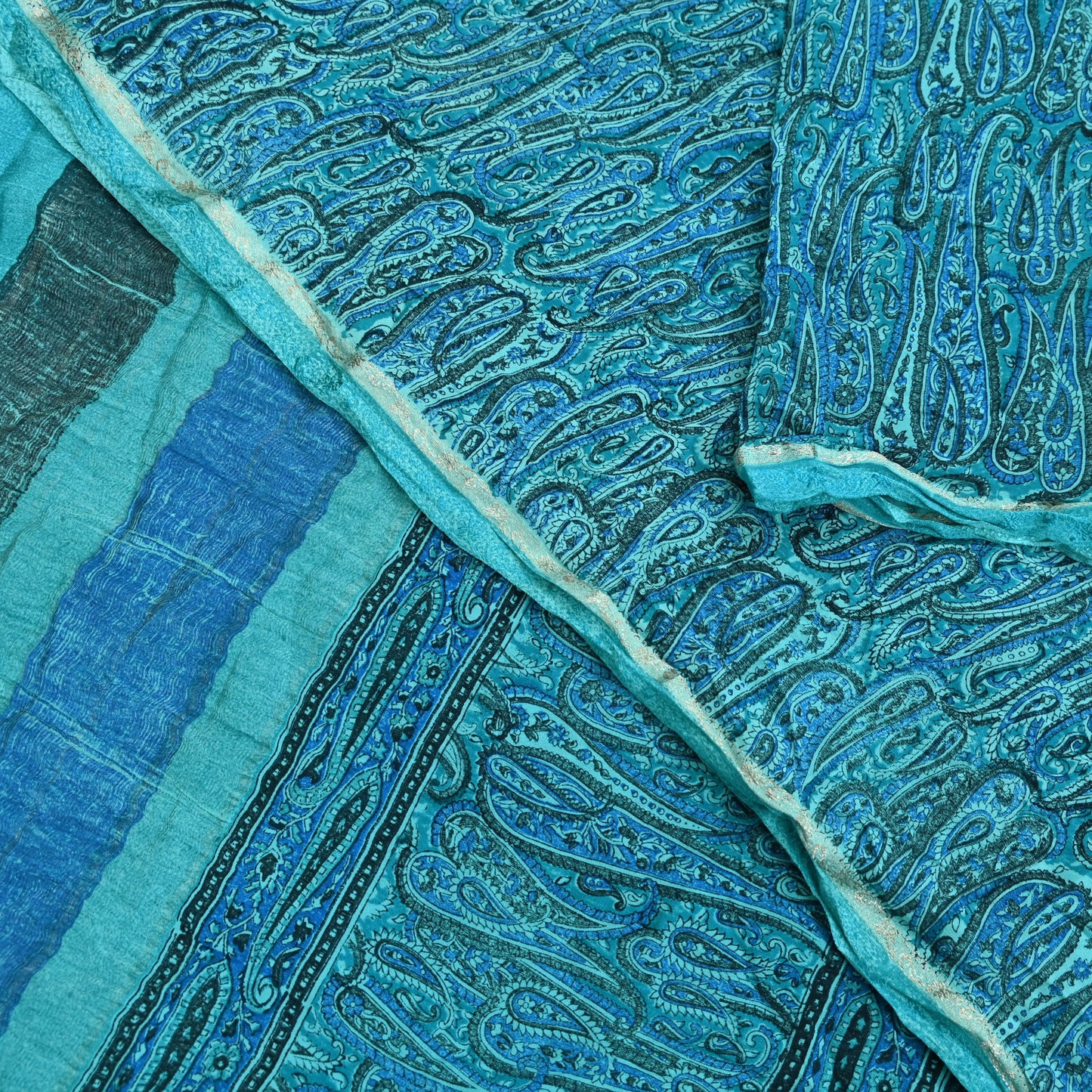 Indian Vintage Sari Blue & Green Pure Crepe Silk Printed Saree 6yd Sewing Floral Soft Craft Fabric Wrap Dress making Crafting Quilting