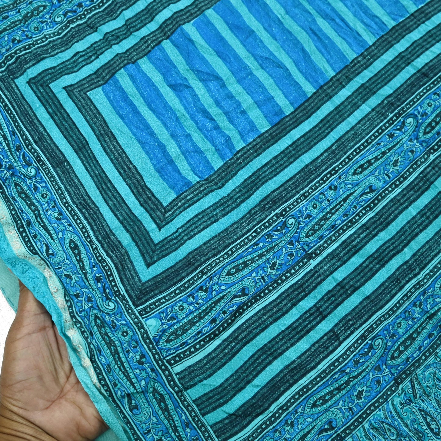 Indian Vintage Sari Blue & Green Pure Crepe Silk Printed Saree 6yd Sewing Floral Soft Craft Fabric Wrap Dress making Crafting Quilting