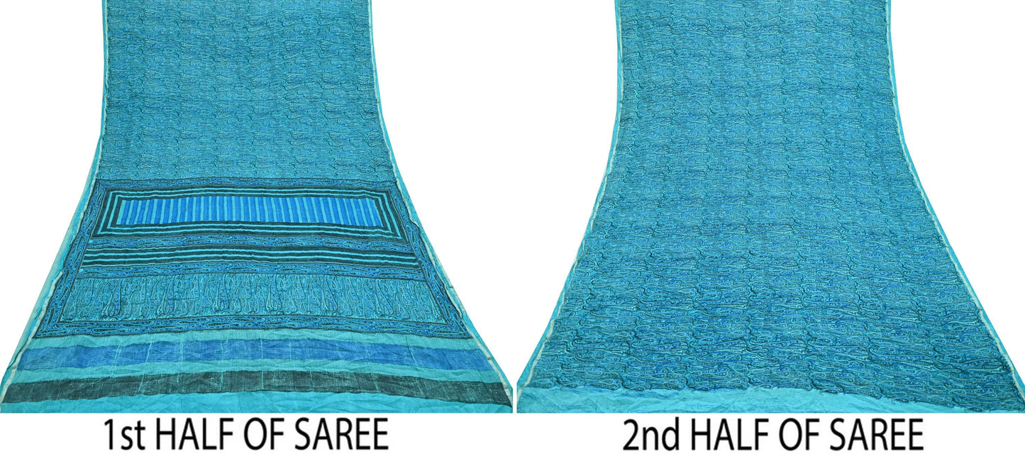 Indian Vintage Sari Blue & Green Pure Crepe Silk Printed Saree 6yd Sewing Floral Soft Craft Fabric Wrap Dress making Crafting Quilting