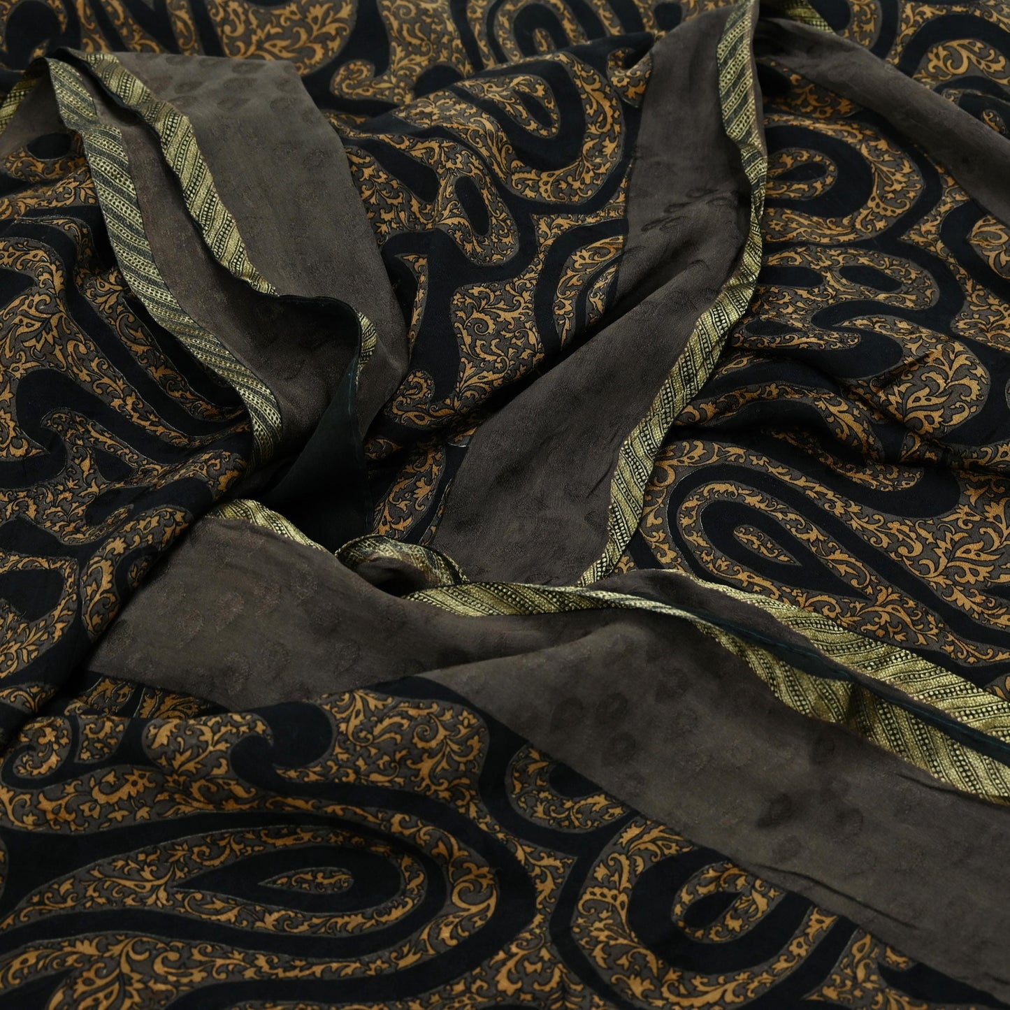 Indian Vintage Sari Brown & Black Pure Silk Printed Sarees 5yd Sewing Craft Fabric Dress Making Soft Crafting Quilting Upcycle Zari