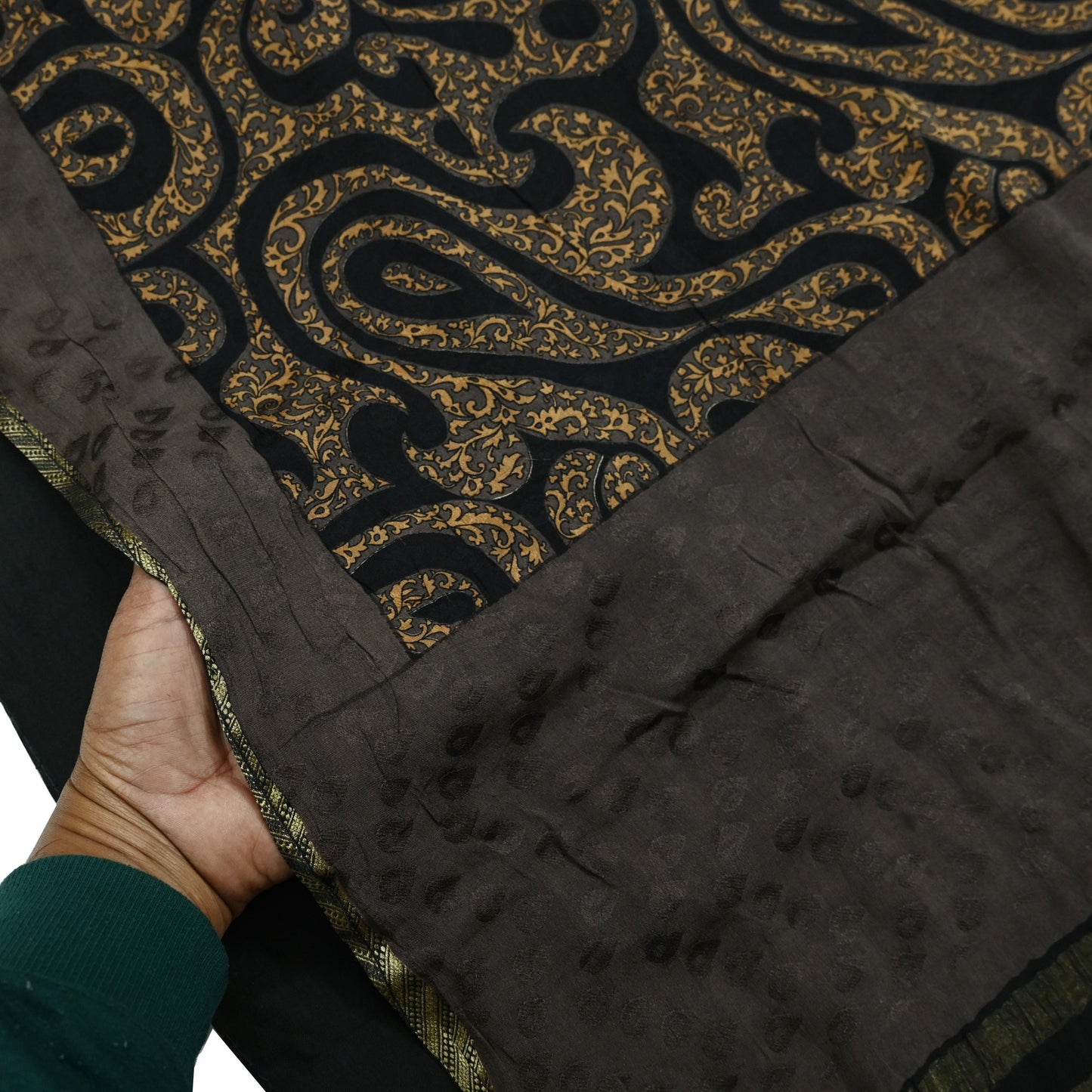 Indian Vintage Sari Brown & Black Pure Silk Printed Sarees 5yd Sewing Craft Fabric Dress Making Soft Crafting Quilting Upcycle Zari