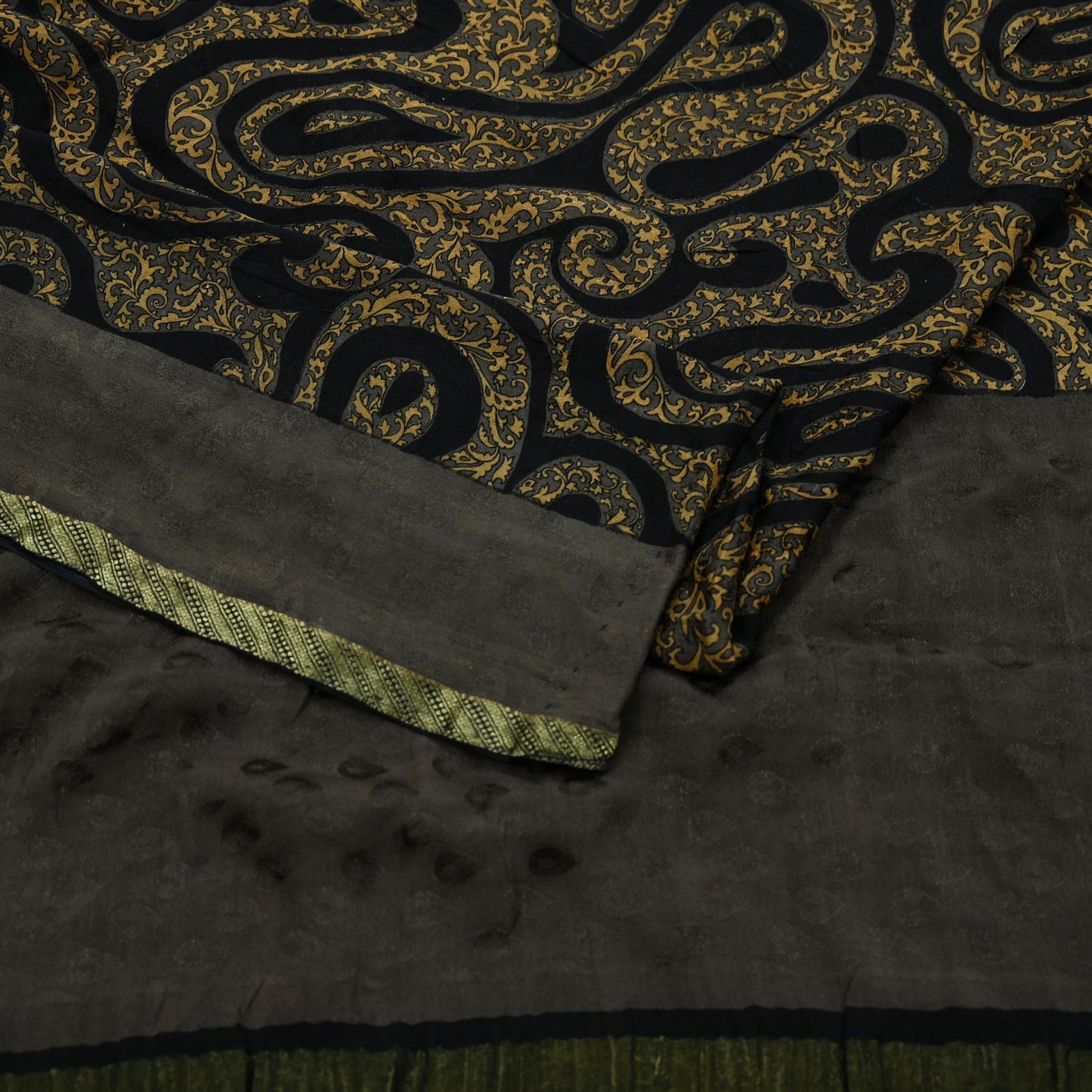 Indian Vintage Sari Brown & Black Pure Silk Printed Sarees 5yd Sewing Craft Fabric Dress Making Soft Crafting Quilting Upcycle Zari