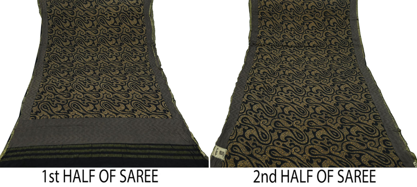 Indian Vintage Sari Brown & Black Pure Silk Printed Sarees 5yd Sewing Craft Fabric Dress Making Soft Crafting Quilting Upcycle Zari