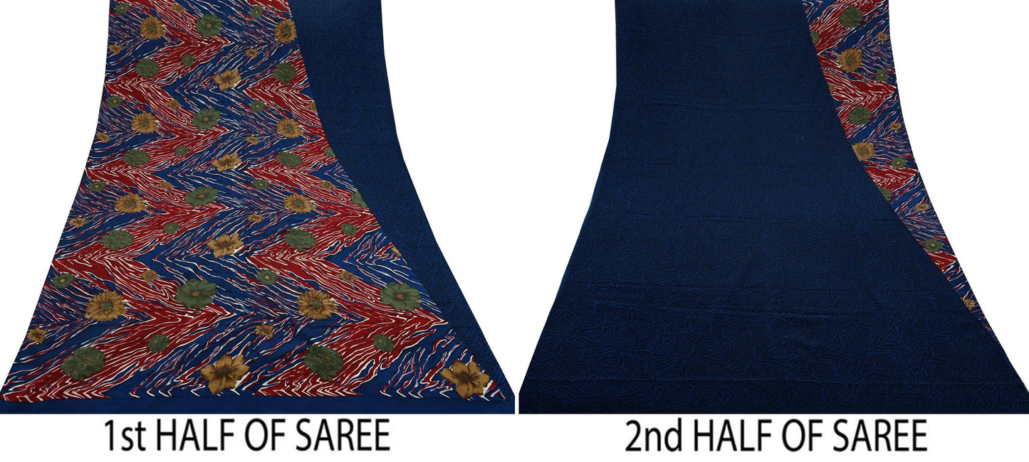 Indian Vintage Red & Blue Saree Pure Crepe Silk Printed Sari Craft Fabric 5yd Sewing Abstract Soft Craft Fabric Wrap Dress making
