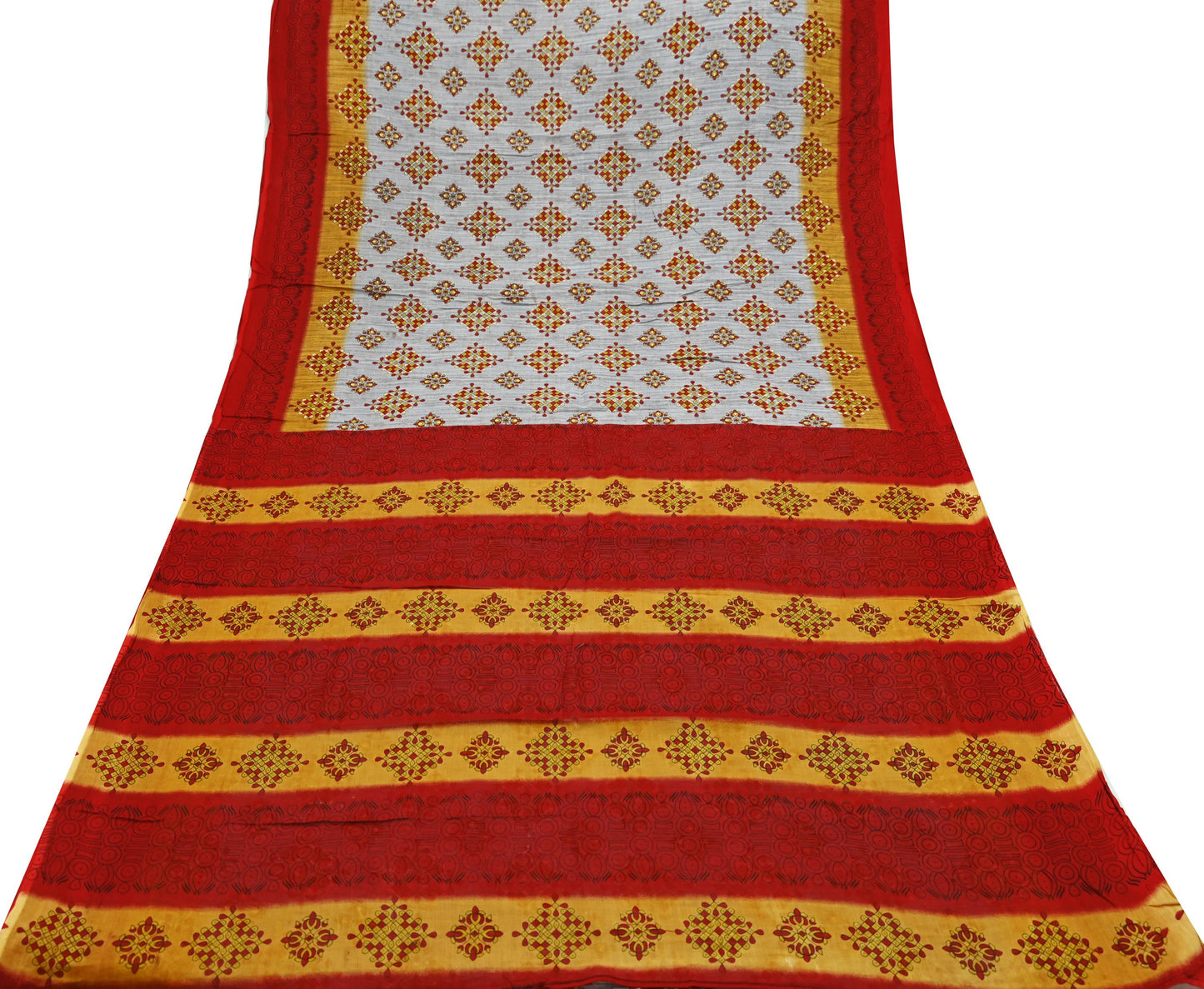 Indian Vintage Sari Red & Gray Printed Pure Cotton Sarees Craft Fabric Soft 5Yd Sewing Sarong Wrap Boho Quilting Crafting Dress making