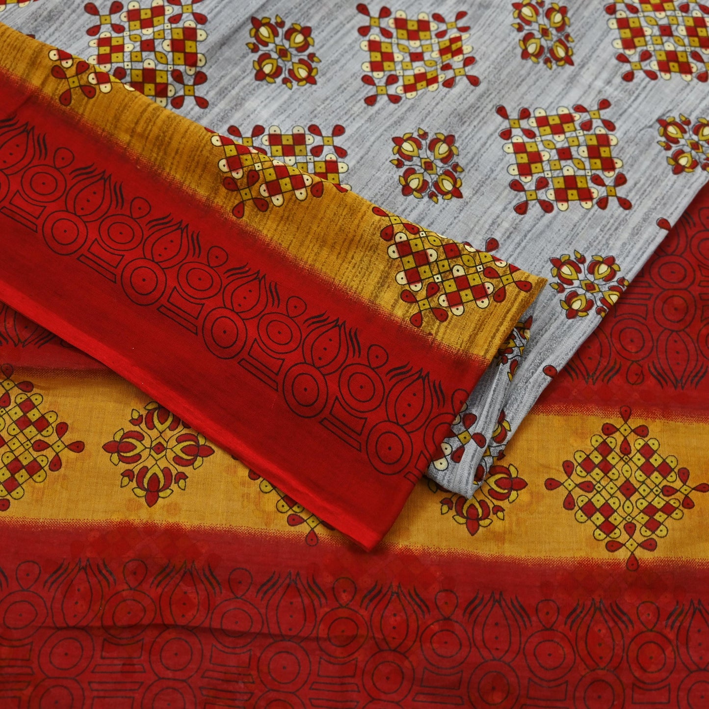 Indian Vintage Sari Red & Gray Printed Pure Cotton Sarees Craft Fabric Soft 5Yd Sewing Sarong Wrap Boho Quilting Crafting Dress making