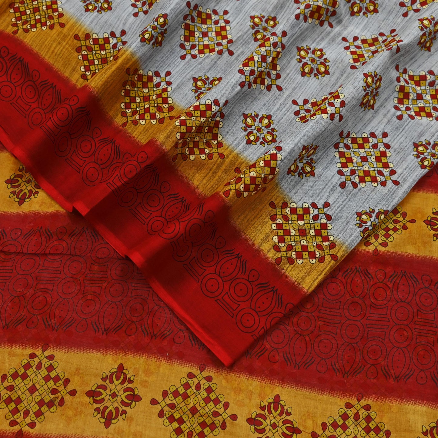 Indian Vintage Sari Red & Gray Printed Pure Cotton Sarees Craft Fabric Soft 5Yd Sewing Sarong Wrap Boho Quilting Crafting Dress making
