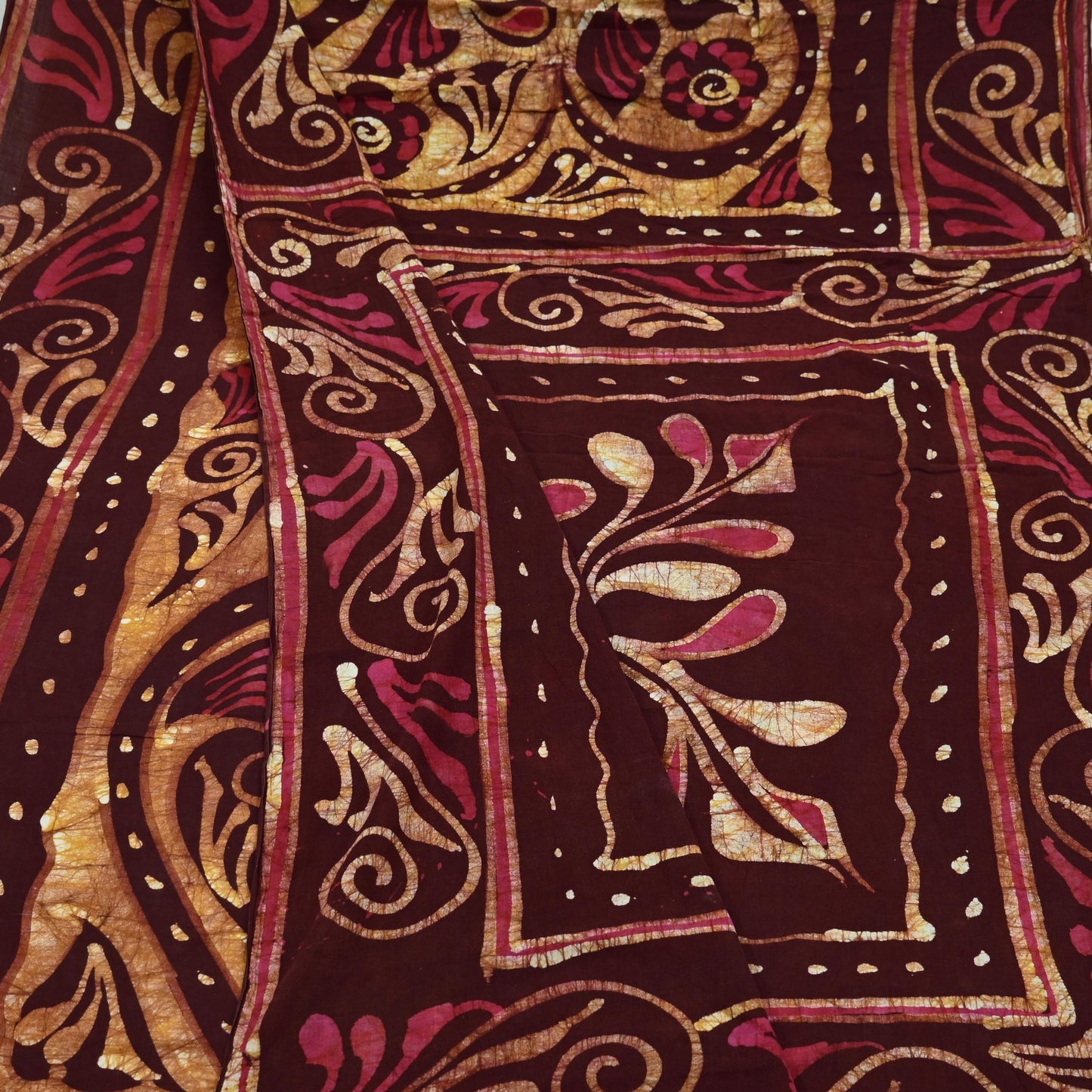Indian Vintage Maroon & Beige Saree Batik Printed 100% Pure Cotton Indian Sari Craft Soft Fabric 5Yard Sewing Sarong Wrap Boho