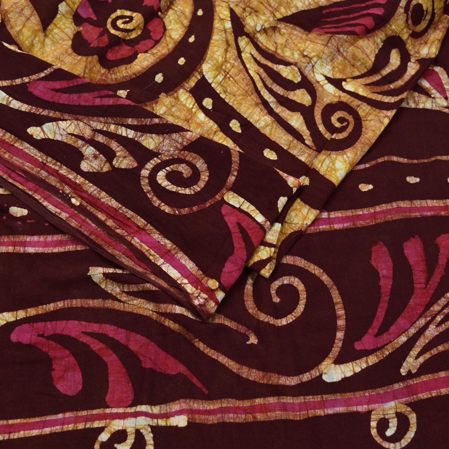 Indian Vintage Maroon & Beige Saree Batik Printed 100% Pure Cotton Indian Sari Craft Soft Fabric 5Yard Sewing Sarong Wrap Boho