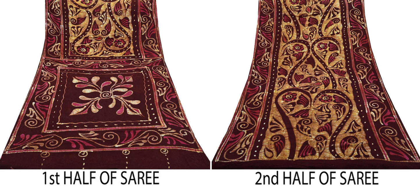 Indian Vintage Maroon & Beige Saree Batik Printed 100% Pure Cotton Indian Sari Craft Soft Fabric 5Yard Sewing Sarong Wrap Boho
