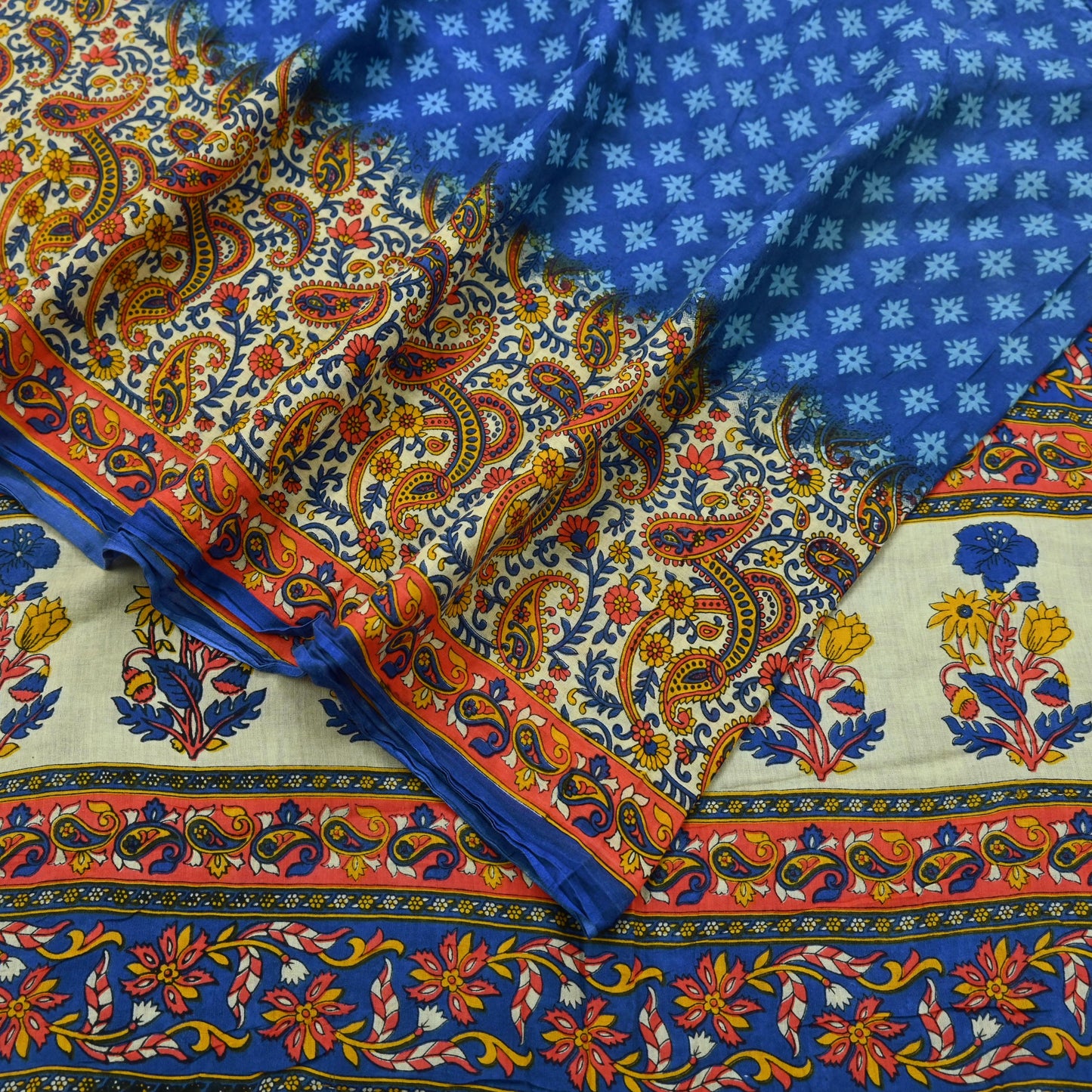 Indian Vintage Sari Blue & Ivory Printed Pure Cotton Sarees Craft Fabric 5Yd Soft Sewing Sarong Wrap Boho Floral Quilting Crafting Upcycle