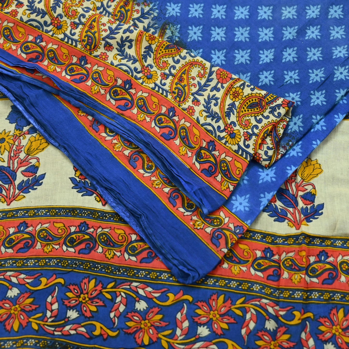 Indian Vintage Sari Blue & Ivory Printed Pure Cotton Sarees Craft Fabric 5Yd Soft Sewing Sarong Wrap Boho Floral Quilting Crafting Upcycle