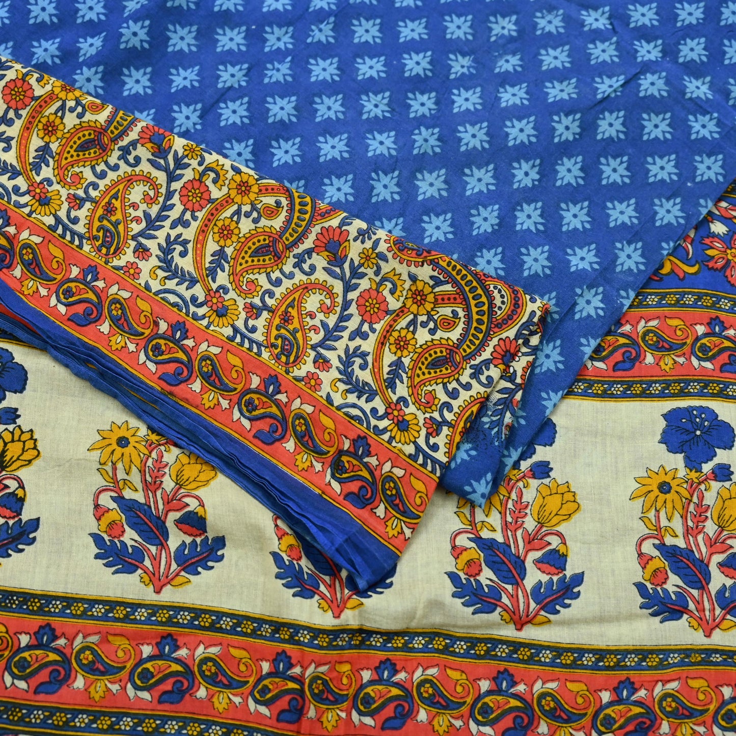 Indian Vintage Sari Blue & Ivory Printed Pure Cotton Sarees Craft Fabric 5Yd Soft Sewing Sarong Wrap Boho Floral Quilting Crafting Upcycle
