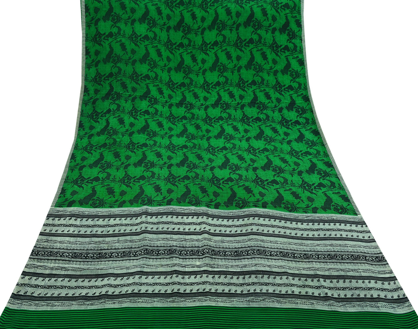 Indian Vintage Sari Green & Black Pure Crepe Silk Printed Sarees 5yd Sewing Floral Soft Craft Fabric Wrap Dress making Crafting Quilting