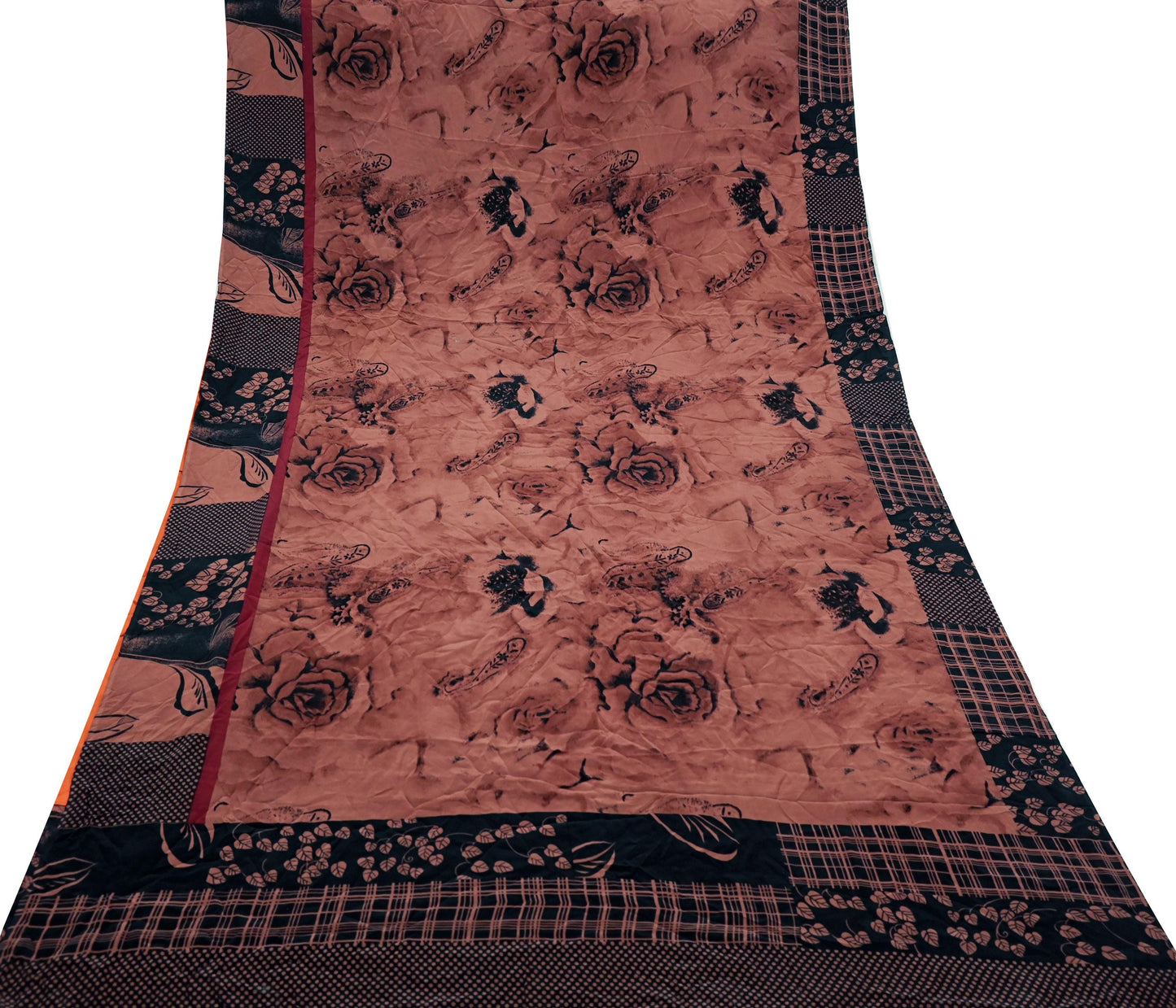 Indian Vintage Brown & Black Saree Pure Crepe Silk Printed Sari 5yd Sewing Floral Soft Craft Fabric Wrap Dress Making Crafting Quilting