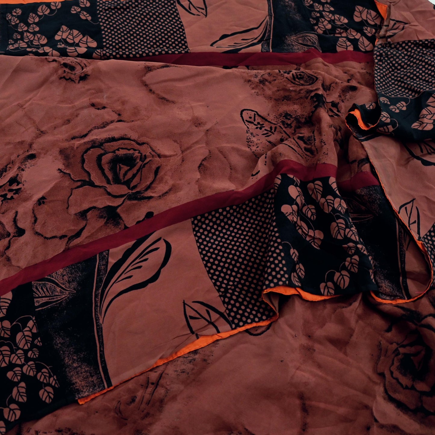 Indian Vintage Brown & Black Saree Pure Crepe Silk Printed Sari 5yd Sewing Floral Soft Craft Fabric Wrap Dress Making Crafting Quilting