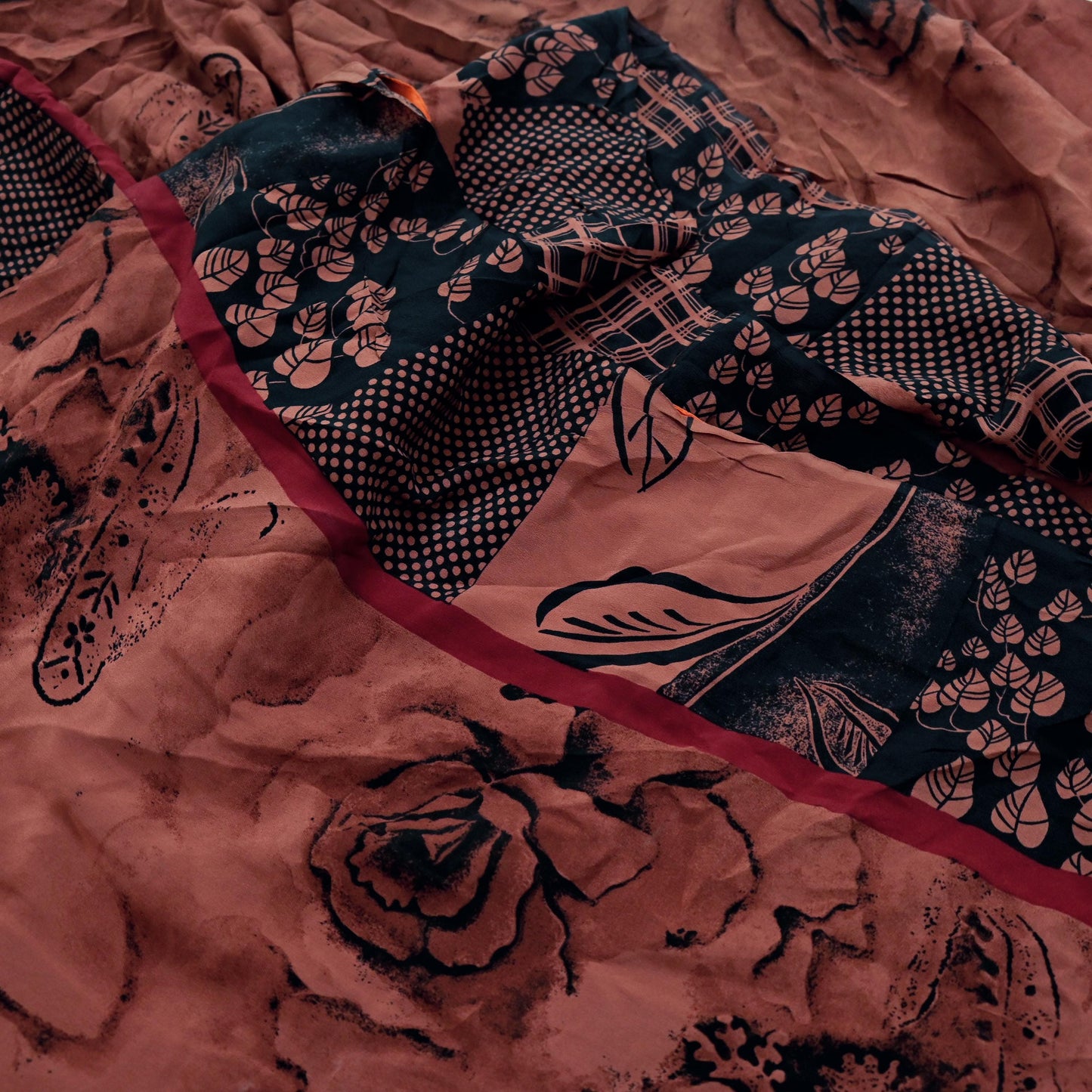 Indian Vintage Brown & Black Saree Pure Crepe Silk Printed Sari 5yd Sewing Floral Soft Craft Fabric Wrap Dress Making Crafting Quilting