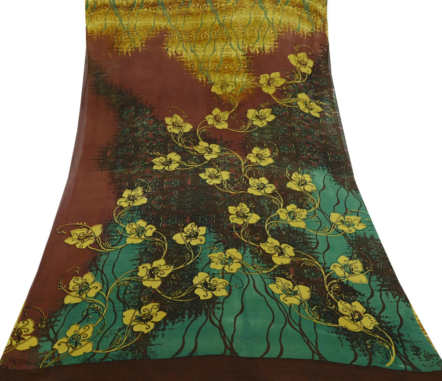 Women Vintage Sari Green Pure Georgette Silk Printed Saree Craft Fabric Sewing 5Yd Soft Light Dress Making Floral Quilting Crafting Upcycle