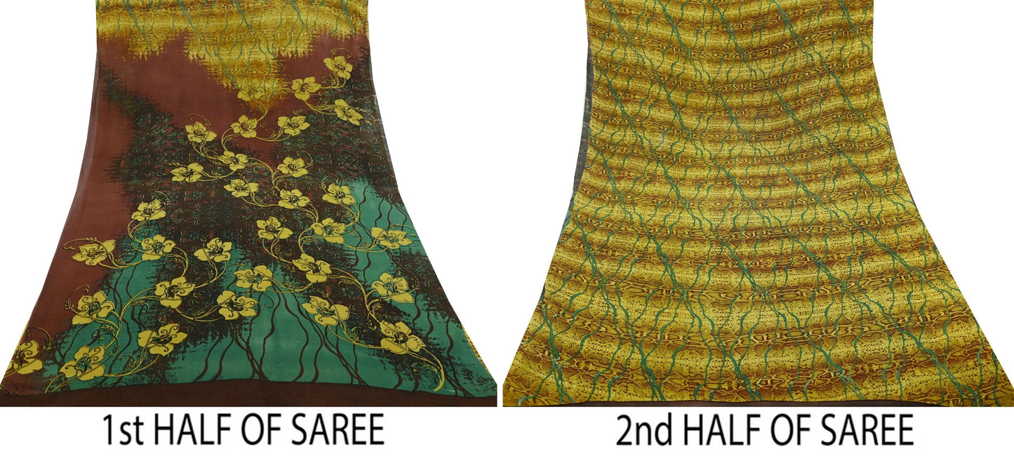 Women Vintage Sari Green Pure Georgette Silk Printed Saree Craft Fabric Sewing 5Yd Soft Light Dress Making Floral Quilting Crafting Upcycle