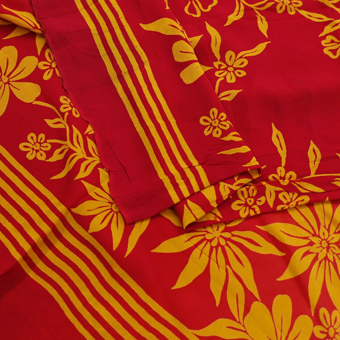 Indian Vintage Sari Saffron & Red Pure Georgette Silk Printed Saree Craft Fabric Sewing 5Yd Soft Dress Making Crafting Quilting Upcycle