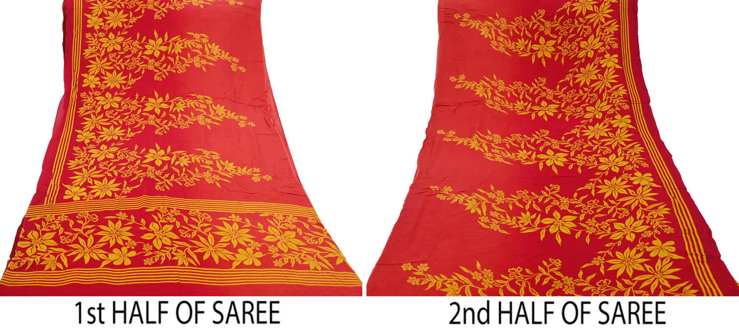 Indian Vintage Sari Saffron & Red Pure Georgette Silk Printed Saree Craft Fabric Sewing 5Yd Soft Dress Making Crafting Quilting Upcycle