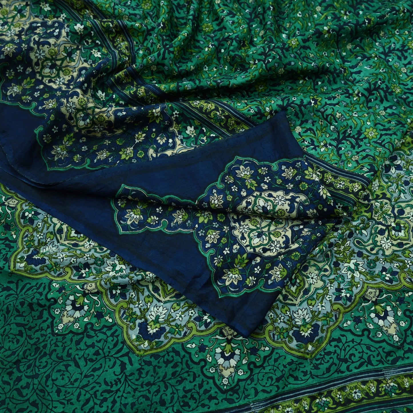 Indian Vintage Sari Green & Blue 100% Pure Silk Block Printed Sarees 5yd Sewing Craft Fabric Dress Making Wrap Crafting Quilting Upcycle