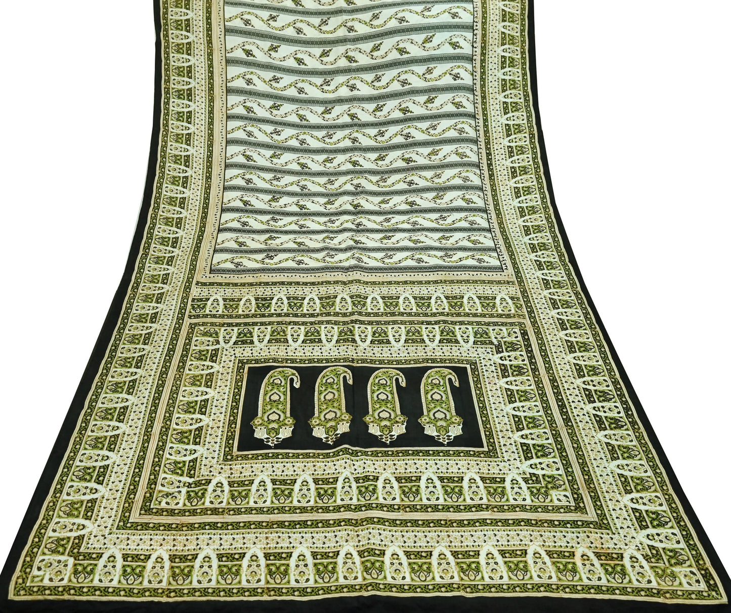Indian Vintage Sari Ivory & Black Printed Pure Silk Sarees 5yd Sewing Craft Fabric DressMaking Soft Wrap Upcycle Quilting Crafting Used