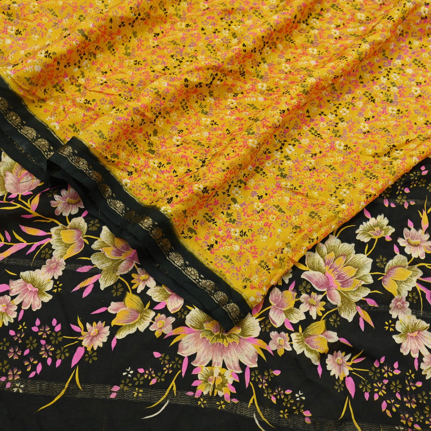 Indian Vintage Yellow Sarees 100% Pure Silk Printed Sari Craft Fabric 5yd Sewing Floral Soft Dress making Crafting quilting Upcycle Zari