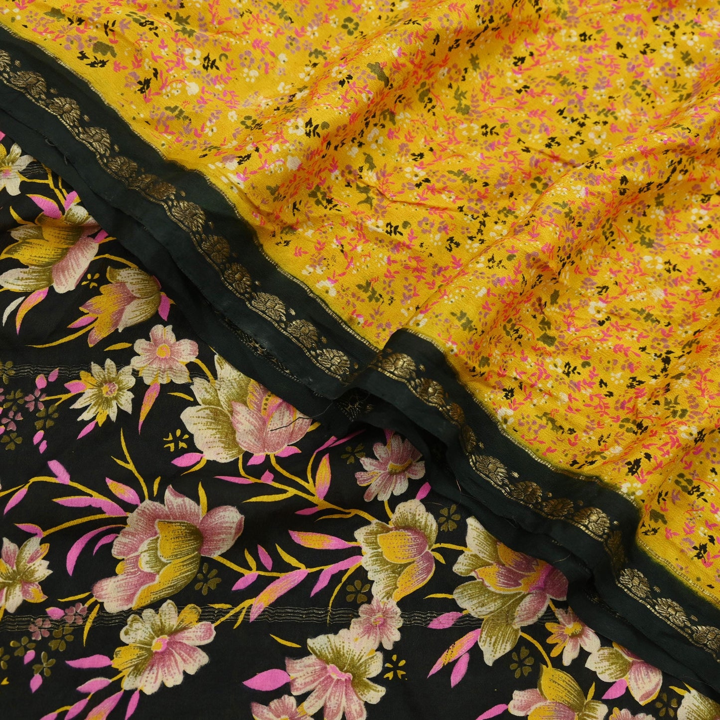Indian Vintage Yellow Sarees 100% Pure Silk Printed Sari Craft Fabric 5yd Sewing Floral Soft Dress making Crafting quilting Upcycle Zari