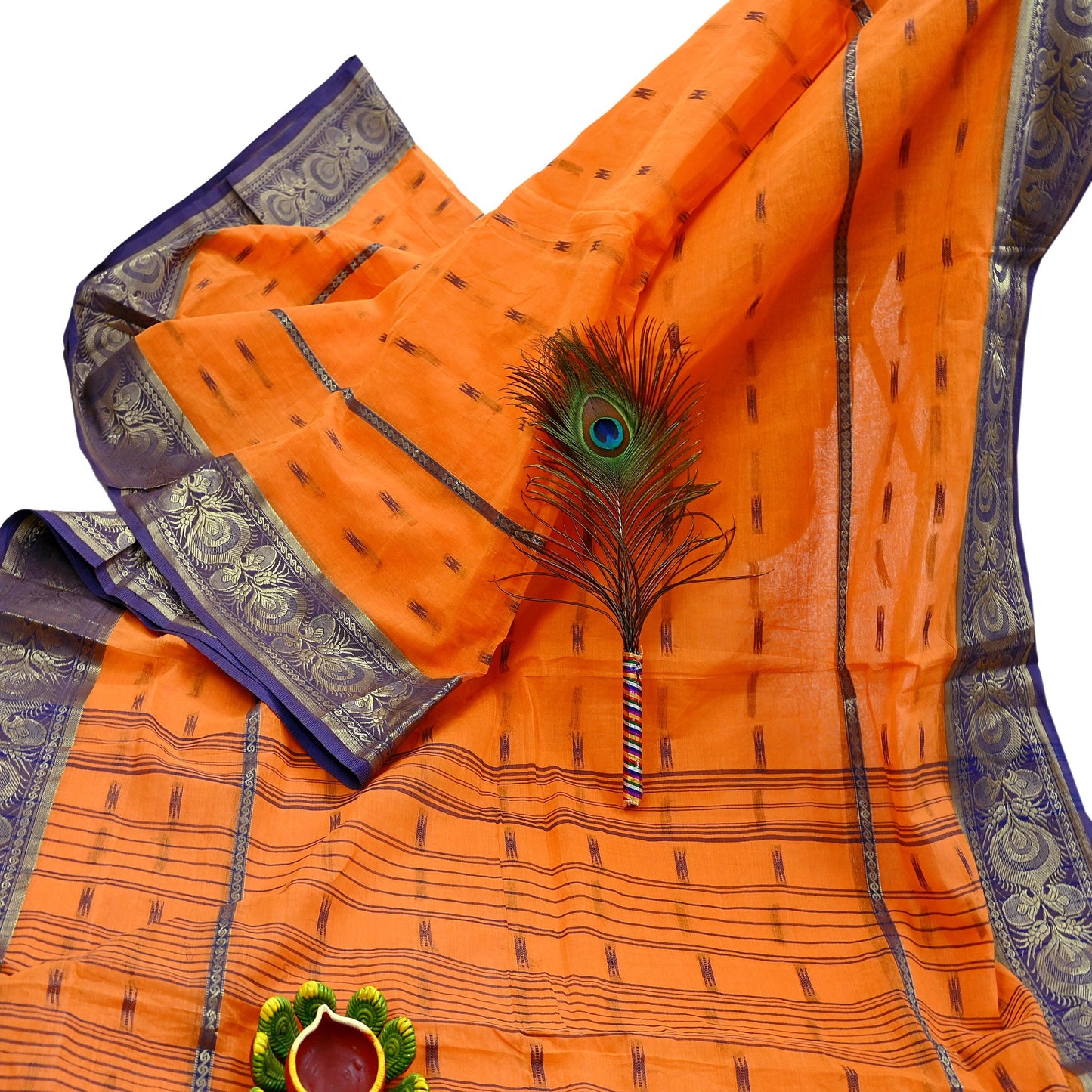 Indian Vintage Sari Orange Pure Cotton Hand Woven Saree Zari 5Yd Craft Fabric Floral Ethnic Sarong Dress making Crafting Quilting Zari