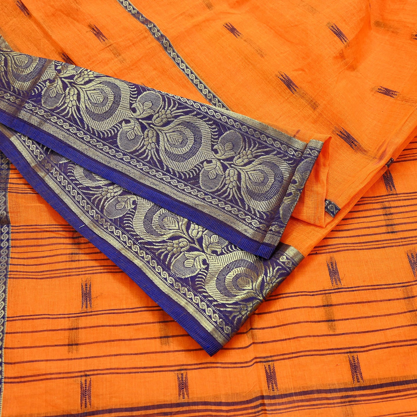 Indian Vintage Sari Orange Pure Cotton Hand Woven Saree Zari 5Yd Craft Fabric Floral Ethnic Sarong Dress making Crafting Quilting Zari