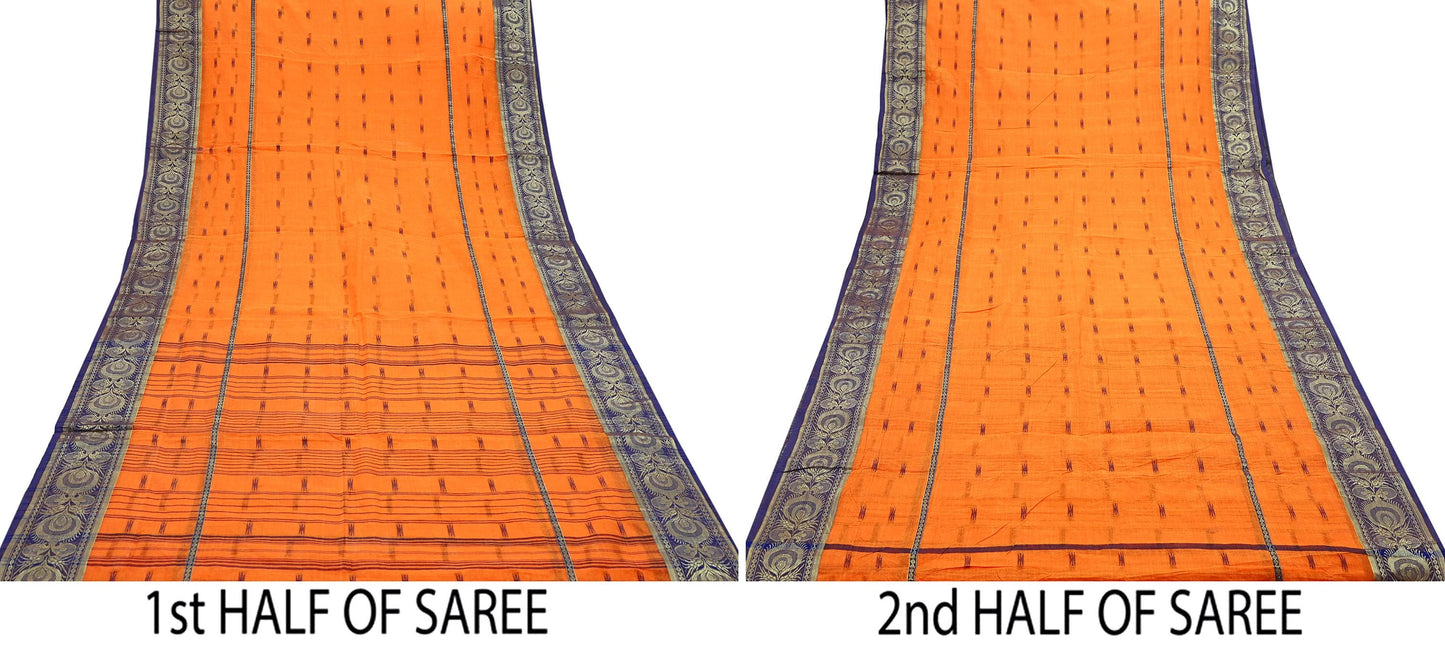 Indian Vintage Sari Orange Pure Cotton Hand Woven Saree Zari 5Yd Craft Fabric Floral Ethnic Sarong Dress making Crafting Quilting Zari