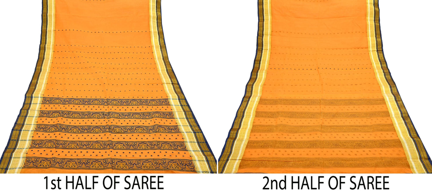 Indian Vintage Sari Orange Pure Cotton Hand Woven Saree Zari 5Yd Craft Fabric Floral Ethnic Sarong Dress making Crafting Quilting Zari
