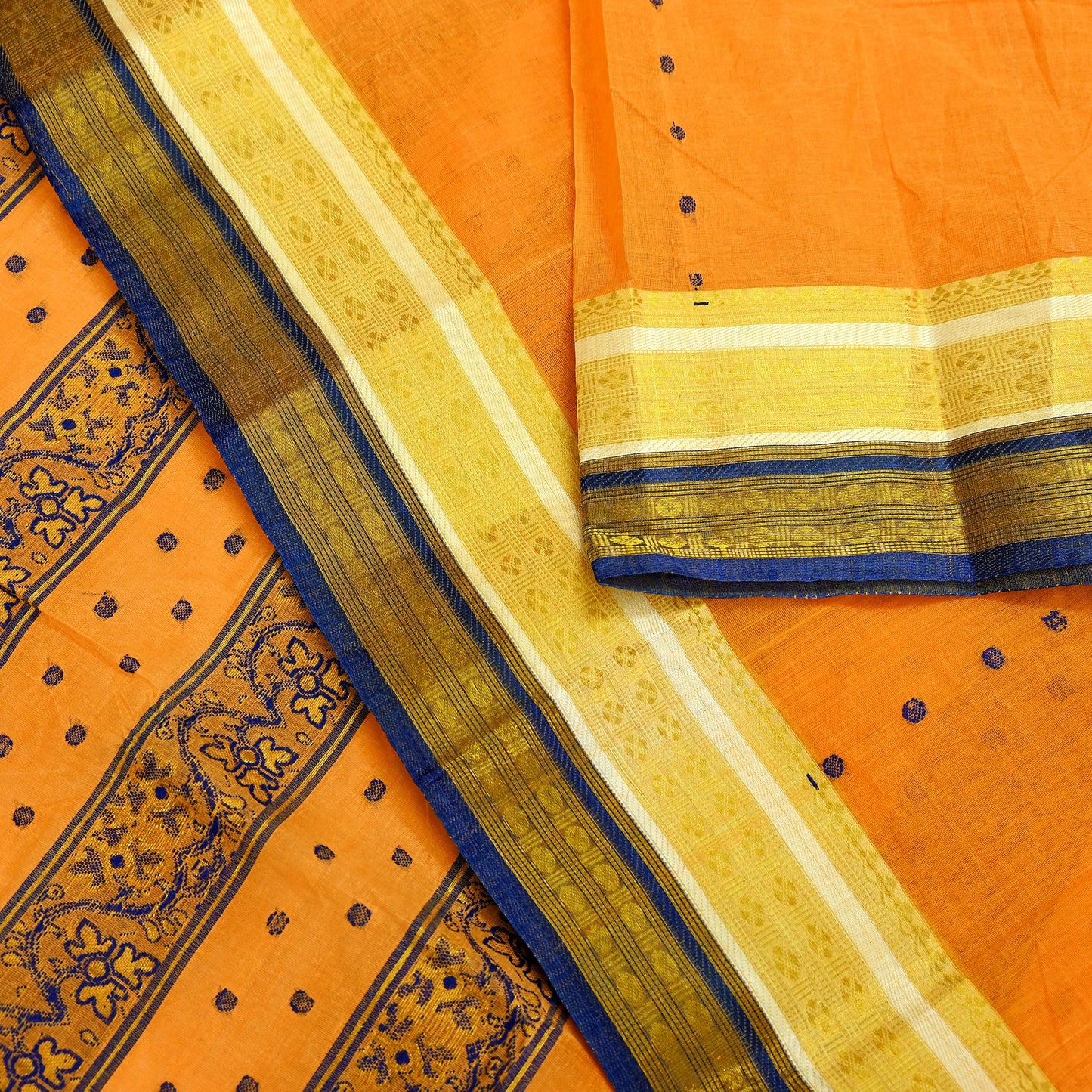 Indian Vintage Sari Orange Pure Cotton Hand Woven Saree Zari 5Yd Craft Fabric Floral Ethnic Sarong Dress making Crafting Quilting Zari