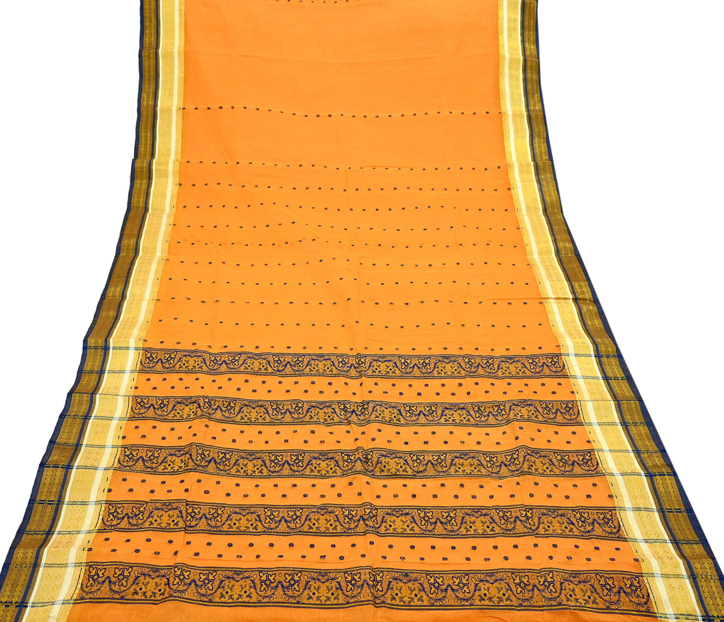 Indian Vintage Sari Orange Pure Cotton Hand Woven Saree Zari 5Yd Craft Fabric Floral Ethnic Sarong Dress making Crafting Quilting Zari