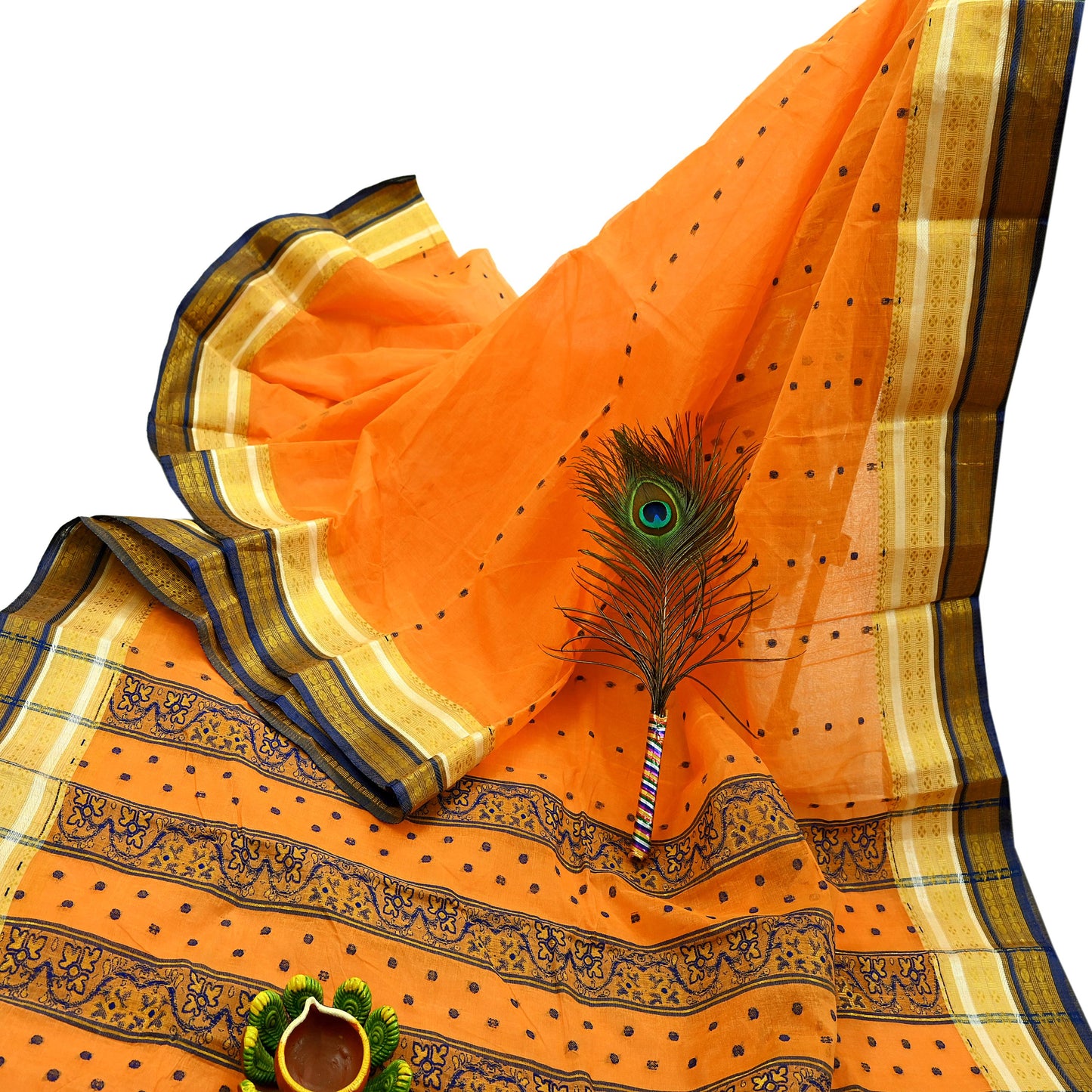 Indian Vintage Sari Orange Pure Cotton Hand Woven Saree Zari 5Yd Craft Fabric Floral Ethnic Sarong Dress making Crafting Quilting Zari