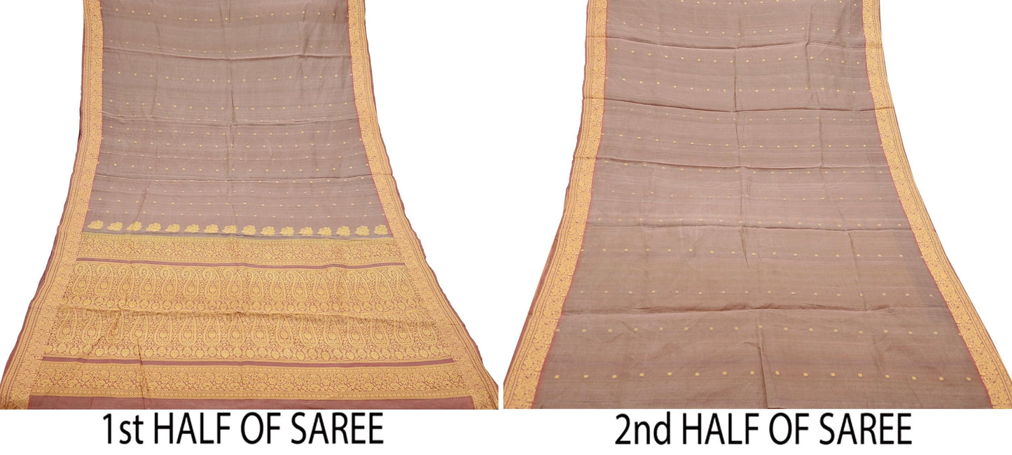 Indian Vintage Sari Brown 100% Pure Silk Hand Woven Sarees Craft Fabric 5Yd Ethnic Sewing Dress making Crafting Quilting Upcycle