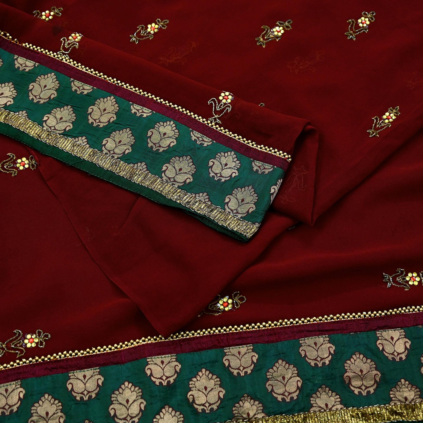 Indian Vintage Sari Maroon Hand Embroidered Pure Georgette Silk Sarees Craft Fabric 5Yd Sequins Wedding Sarees Quilting Crafting Upcycle