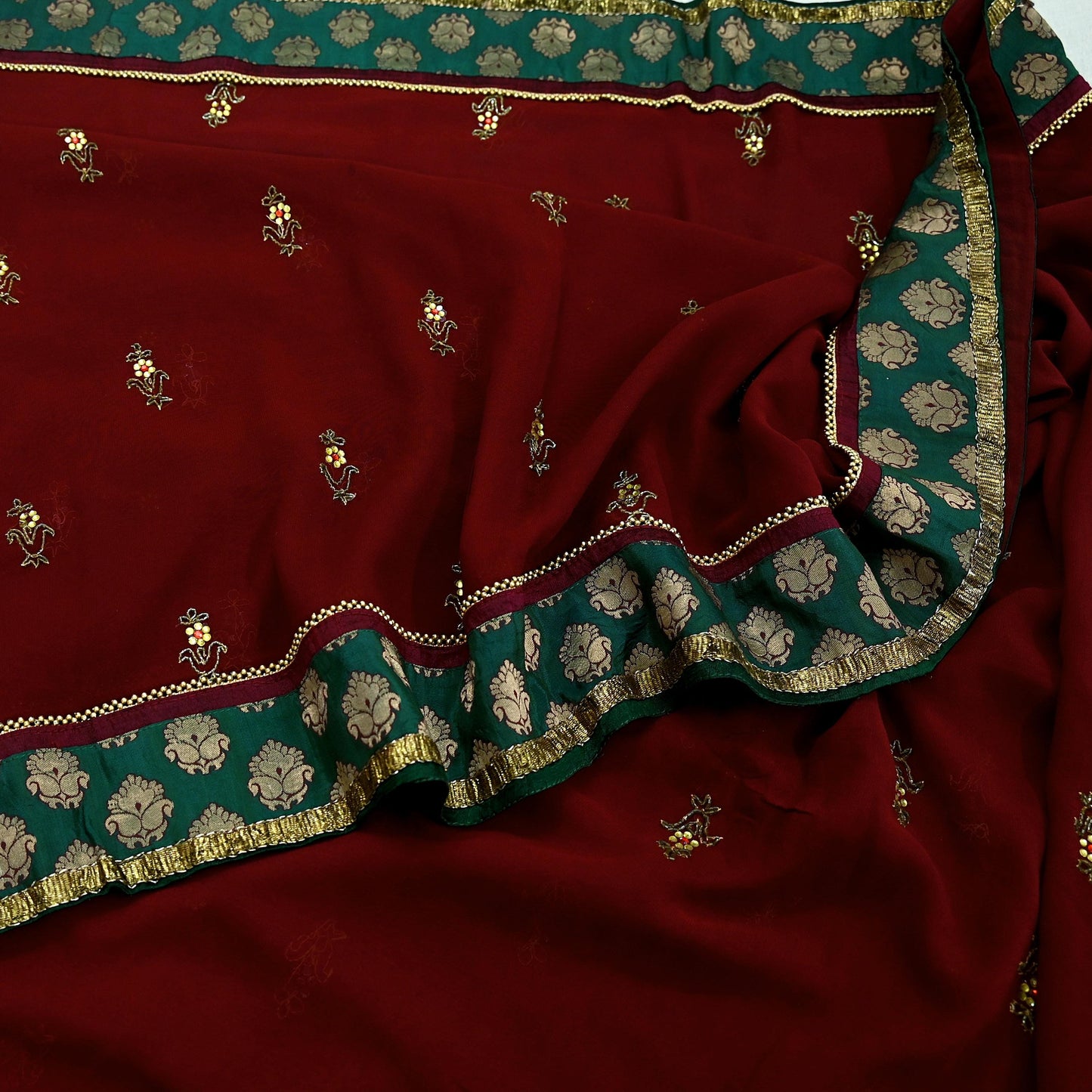 Indian Vintage Sari Maroon Hand Embroidered Pure Georgette Silk Sarees Craft Fabric 5Yd Sequins Wedding Sarees Quilting Crafting Upcycle