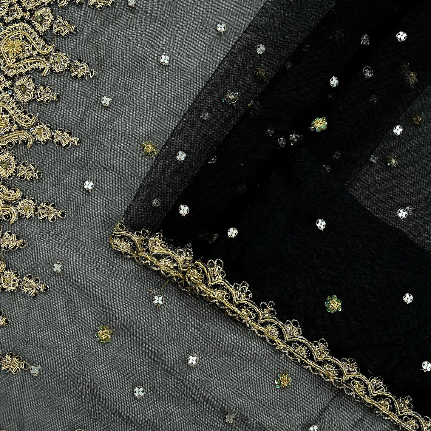 Indian Vintage Sari Black Net/Mesh Hand Embroidered Sarees Craft Fabric 5Yd Sewing Soft Zardozi/Dabka Zari Sequins Wedding sarees