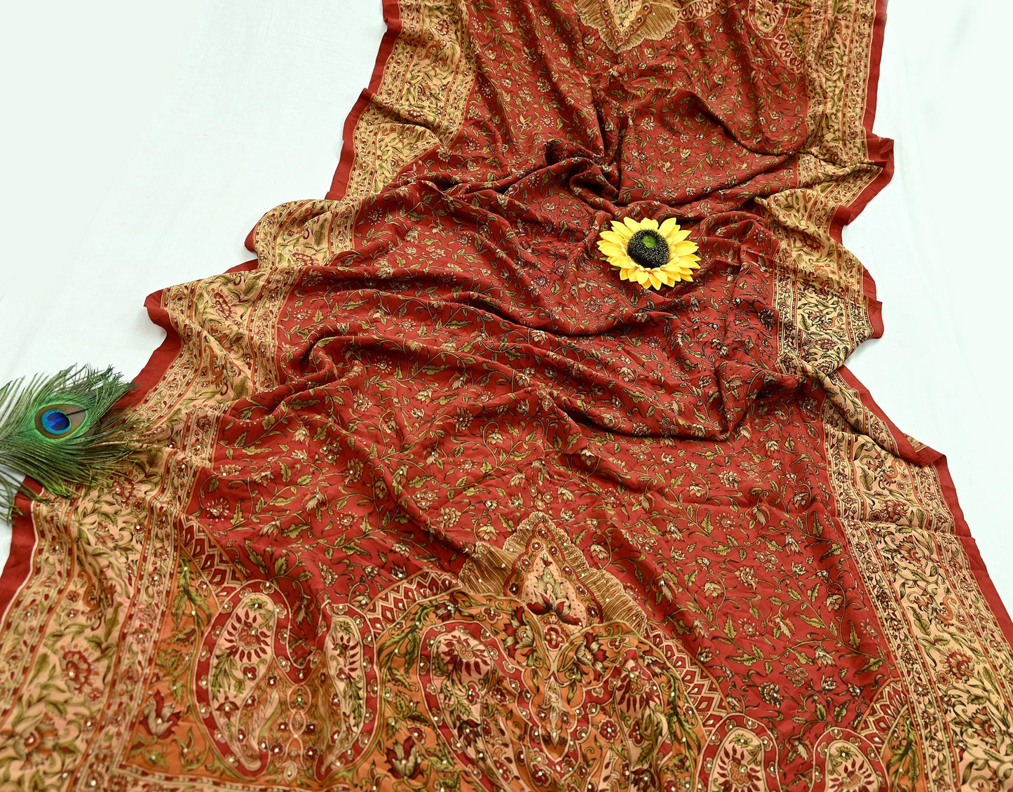 Indian Pre-owned Orange Pure Silk Hand Embroidered Ritu Kumar Designer Dupatta Ethnic Bollywood Scarves Veil