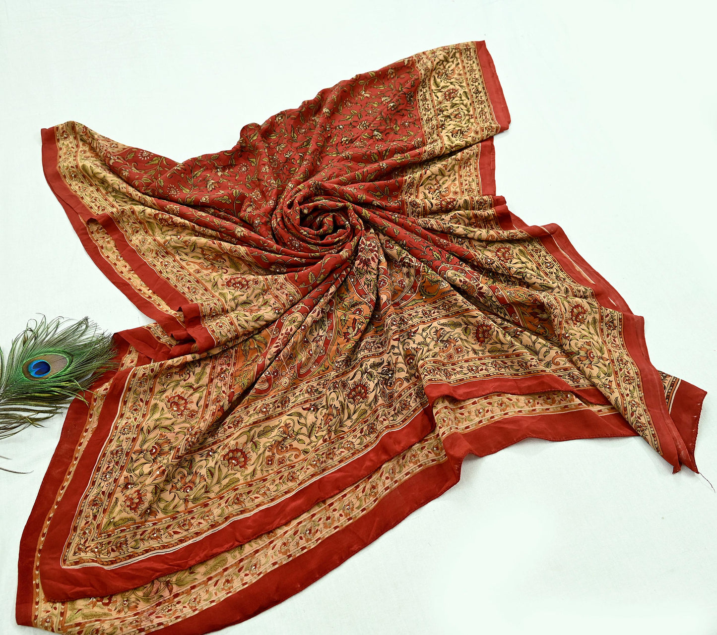 Indian Pre-owned Orange Pure Silk Hand Embroidered Ritu Kumar Designer Dupatta Ethnic Bollywood Scarves Veil