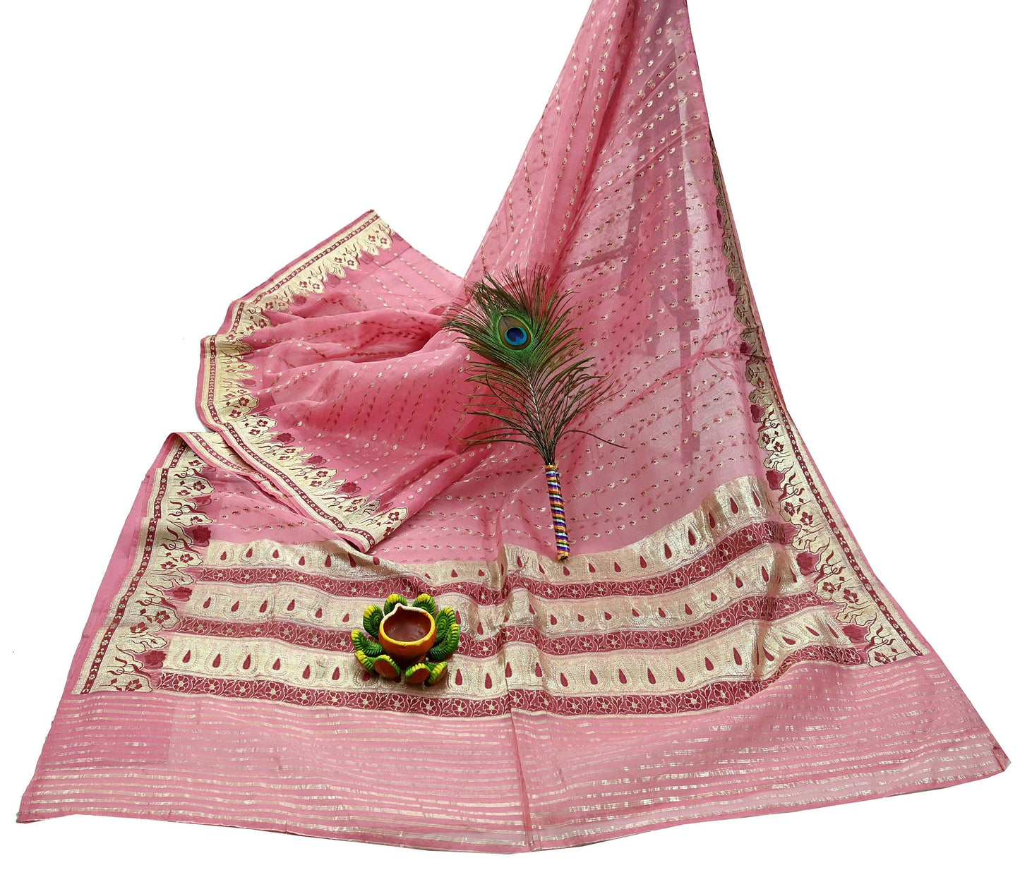 Indian Vintage Pink Heavy Sari Wedding Pure Organza Silk Hand Woven Banarasi Sarees Zari 5Yd Ethnic Dress Making Crafting